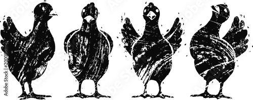 black rustic hen silhouettes in various poses with textured distressed wood grain effect