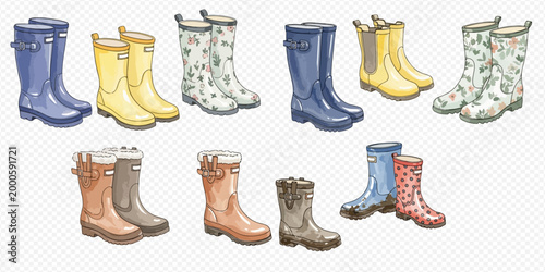 Collection of various colorful rubber rain boots and wellington boots for wet weather protection.