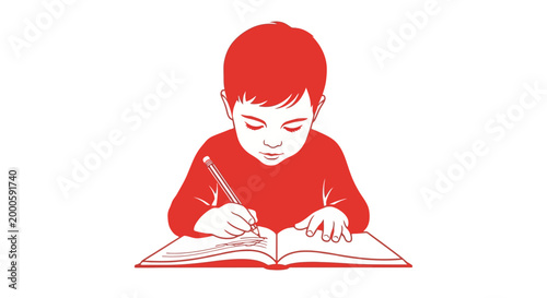 Young boy writing in book.