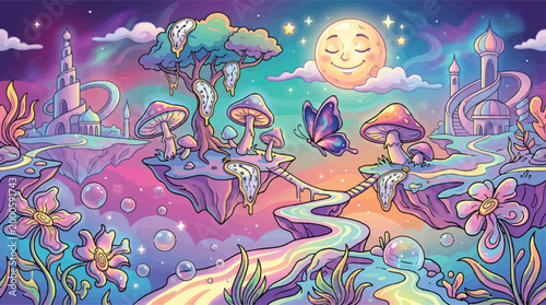 Fotografi Surreal dreamscape fantasy landscape vector, psychedelic wonderland with melting