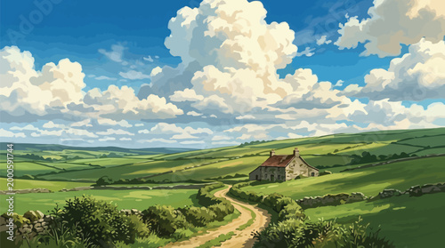 Rolling Green Hills with Stone Cottage, Winding Dirt Road and Dramatic Clouds — Flat Vector Illustration