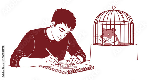 Young man drawing hamster in sketchbook with pet in cage