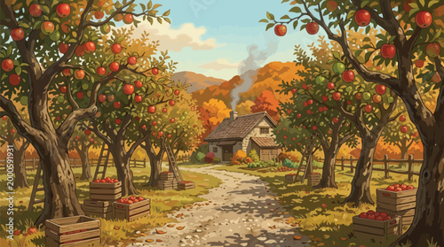 Autumn Apple Orchard with Stone Cottage, Wooden Crates and Harvest Ladders — Flat Vector Illustration