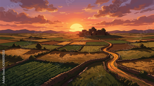 Vast Agricultural Fields at Sunset with Winding Road and Ancient Fortress — Flat Vector Illustration