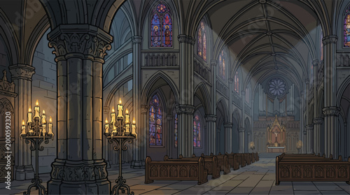 Tableau sur toile Gothic cathedral interior vector illustration, medieval church with stained glas