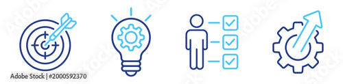 Business strategy and analytics icon set, target checklist gear and idea symbols, performance optimization management and execution concept vector illustration on transparent background