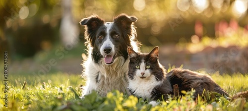 Best friends: A happy Border Collie dog and a serene black and white cat relaxing together in lush green grass during golden hour, bathed in warm sun.