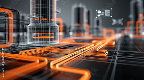 Industrial digital twin representing smart factory automation with glowing network lines, optimizing production processes, and managing futuristic manufacturing infrastructure