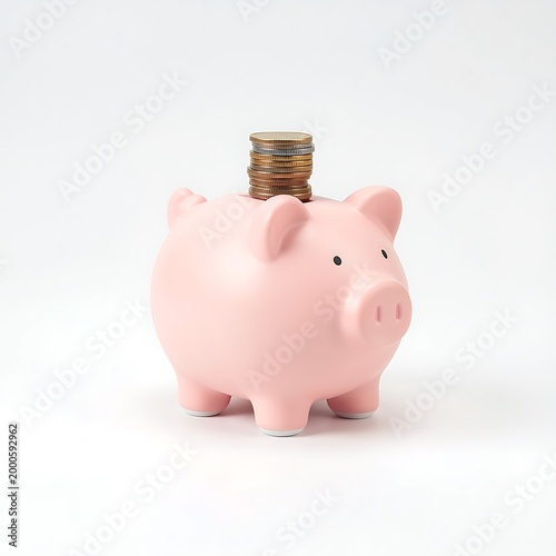 Pink piggy bank with coins on top  saving money concept  financial planning  pig bank  money box  coins stacked high
