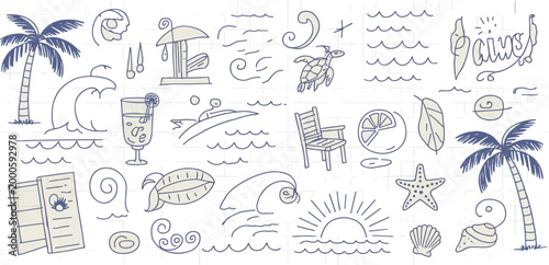 Hand drawn beach vacation doodles with palm trees waves and tropical summer travel