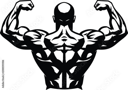Stylized black-and-white illustration of muscular athlete flexing double biceps pose from behind, emphasizing strength, fitness, and bodybuilding power with bold graphic lines