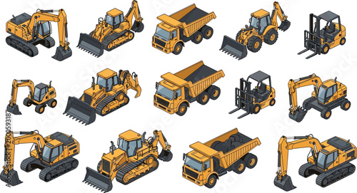 Isometric construction heavy machinery vector set including excavator dump truck bulldozer backhoe and forklift for industrial building site engineering and urban development project machinery design