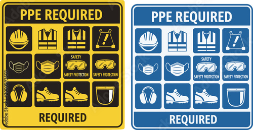 Vector PPE required safety sign set with hard hat vest mask goggles boots and earmuff icons for industrial site protection workplace health and safety