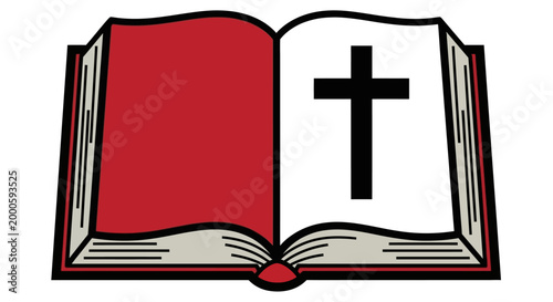 Bold graphic depiction of an open book with a prominent cross symbol, rendered in a simple, flat vector style, representing faith, religion, and the concept of spirituality within a Christia