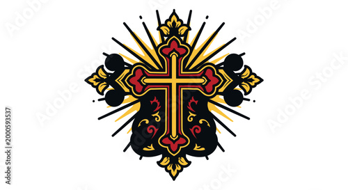 Intricately designed Eastern Orthodox cross radiating light, a symbol of faith and religious devotion, rendered in a vintage, ornate style with gold and red accents, set against a pristine w