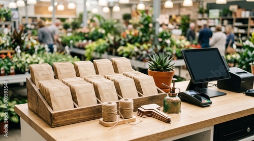 Checkout counter with brown paper bags and plants in garden center  