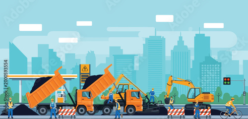 Obraz na plátně Vector road construction scene with excavator dump truck paving machine and work