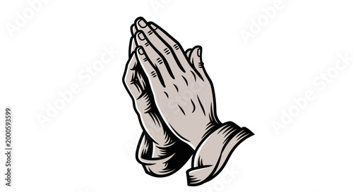 Detailed drawing of hands clasped in prayer, showcasing faith and devotion with a vintage, tattoo-style aesthetic against a clean white background, evoking spirituality and reflection.