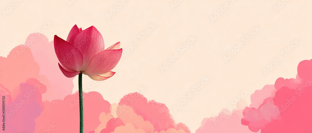Obraz premium Single pink lotus flower with green stem stands against a soft pastel background with pink clouds, ideal for wellness or beauty concepts.