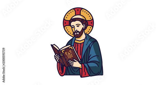 Religious Man Reading Ancient Holy Book With Halo Or Nimbus Symbolizing Divinity And Spiritual Knowledge And Sacred Wisdom