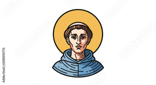 Religious figure with halo wearing monk habit and hood illustration for faith and spirituality concepts