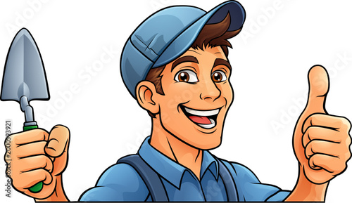A bricklayer handyman cartoon construction mascot character man holding a trowel tool