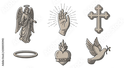 Collection of Religious Symbols Including Angel Dove Sacred Heart Cross Halo and Sacred Hand Offering Spiritual Enlightenment and Peace Concepts