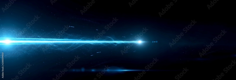 Obraz premium Fast glowing blue horizontal light beam traversing dark space background representing high speed data transfer and laser technology