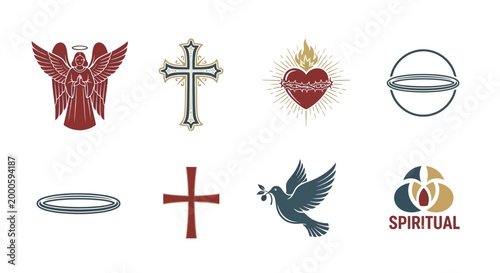 Collection of Religious Symbols and Icons Including Angelic Figures Sacred Hearts Crosses Doves and Spiritual Emblems for Faith Based Designs