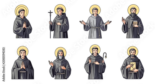 Collection of Male Religious Figures Depicted with Halos and Monastic Robes Set Against a White Background