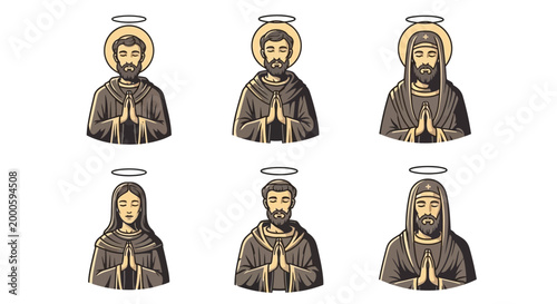 Six Religious Figures Praying With Halos Above Their Heads Depicting Faith And Spirituality Collection Of Figures For Religious Themes