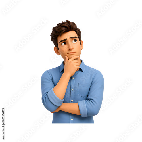 Young man thinking with hand on chin curious expression 3D character portrait isolated clipart for decision concept