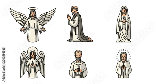 Religious Figures Collection Featuring Angels Praying Saints And Holy Figures With Halos And Wings For Spiritual Concepts