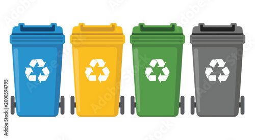 recycle bins on the street, urban waste sorting containers for environmental sustainability, public recycling system concept, eco friendly city infrastructure, modern vector illustration for clean cit