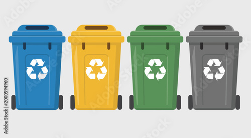 recycle bins on the street, urban waste sorting containers for environmental sustainability, public recycling system concept, eco friendly city infrastructure, modern vector illustration for clean cit