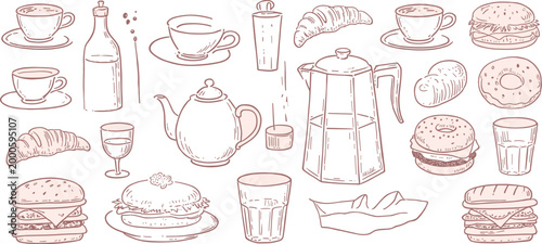Hand drawn collection of breakfast and lunch food and drinks coffee cup saucer coffee pot teapot wine glass
