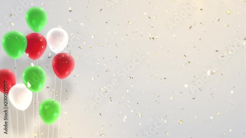 Silver and gold confetti falling from a white background, along with balloons in three colors: green, orange, and white. (These colors are based on the colors of the italy, mexico, hungary, bulgaria, 