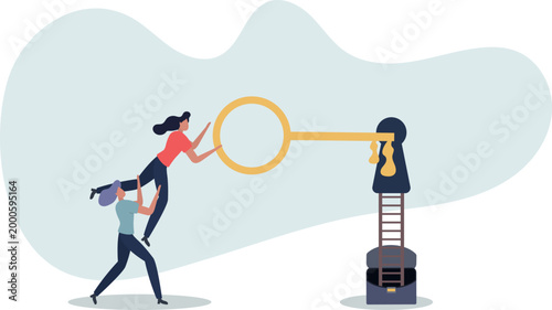 Key to success, teamwork, people to help solve problem, career opportunity, unlock secret or discovery, motivation concept.person's life situation and his activities.