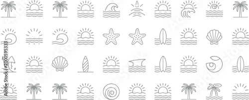 Collection of simple line representing beach and ocean sunrise