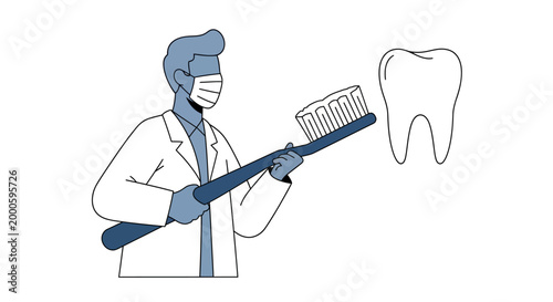 Dentist holding large toothbrush and tooth.