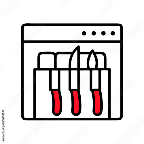 Knife set in gift box design with red handles, simple outline style
