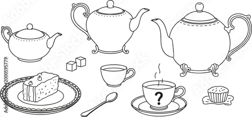 Line of tea time set with teapots cups cake sugar cubes and muffin saucers