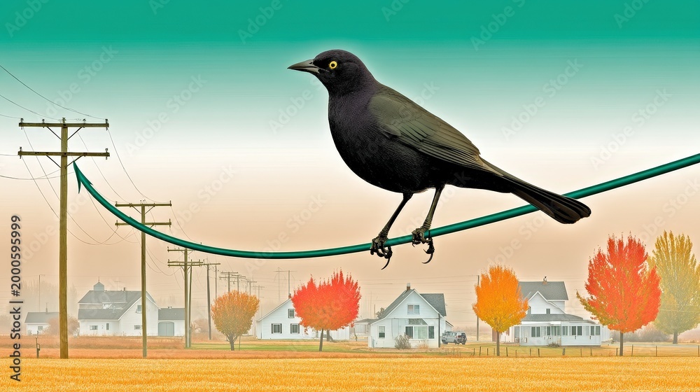 Fototapeta premium Black Bird on Telephone Wire with Autumn Tree Landscape Background