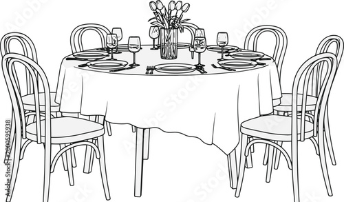 Round dining table set with white tablecloth six chairs and tulip floral centerpiece table setting restaurant