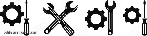 Black silhouette icons of gears, wrenches, and screwdrivers representing maintenance, repair, engineering, and mechanical work in simple outline design