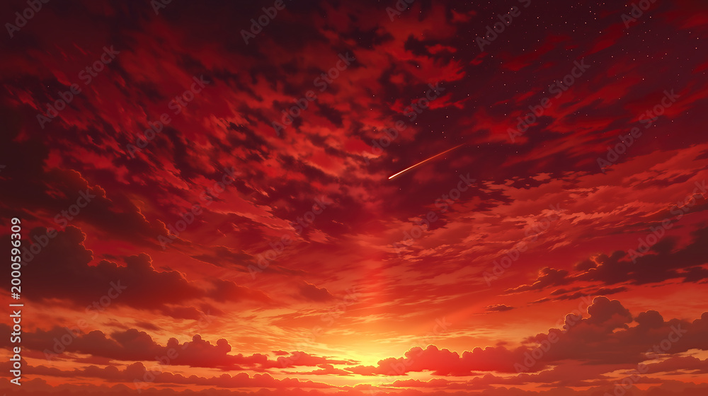Obraz premium 赤く燃えるような夕焼け空に流星が輝く風景