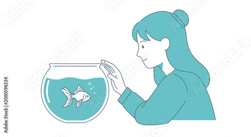 Woman looking at goldfish in a bowl, minimalist illustration