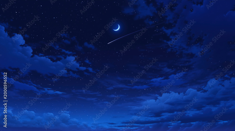 Fototapeta premium 暗い夜空に三日月と流星が輝く幻想的な風景
