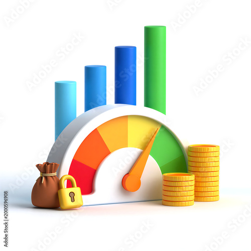 Financial growth chart with gauge and coins representing business performance and profit