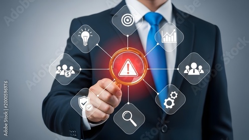 Business professional interacting with digital security and network interface icons